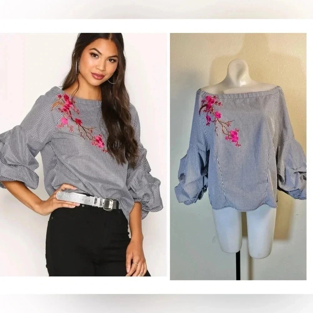 New Look Top US Size 12 Off Shoulder Ruffle Sleeves Black White Check Floral App